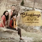 Cover art for "Blessings". It shows Lois, India, and their mother sitting on a large rock surrounded by tall grasses and trees.