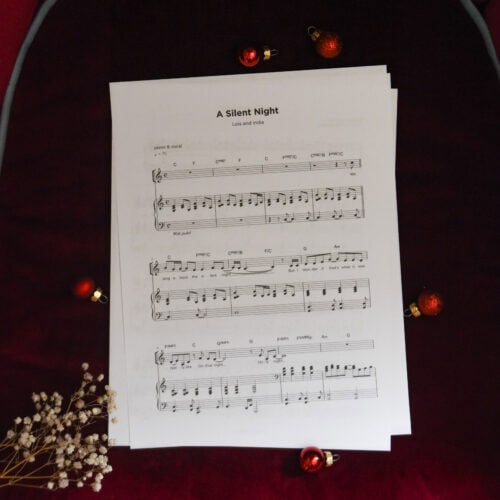 Sheet music to "A Silent Night" surrounded by Christmas themed decorations.