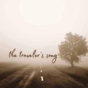 The cover art for "The Traveler's Song". It depicts the title over a foggy distance. In the foreground is a tree, some grass, and a road headed into the fog.