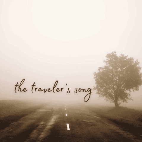 The cover art for "The Traveler's Song". It depicts the title over a foggy distance. In the foreground is a tree, some grass, and a road headed into the fog.