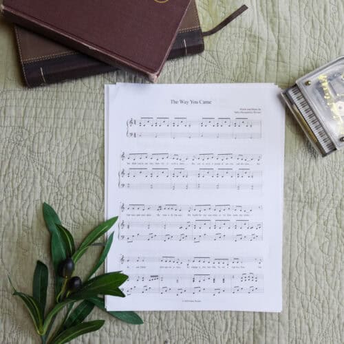 Sheet music to "The Way You Came". The music is surrounded by a model piano, a bible, and a small leafy plant.